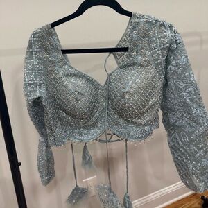 Embellished Blue Crop Top with Lengha